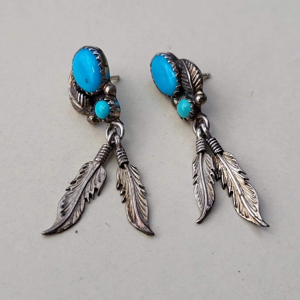 Vintage Navajo Sterling Silver Turquoise Feather Dangle Post Earrings Blue